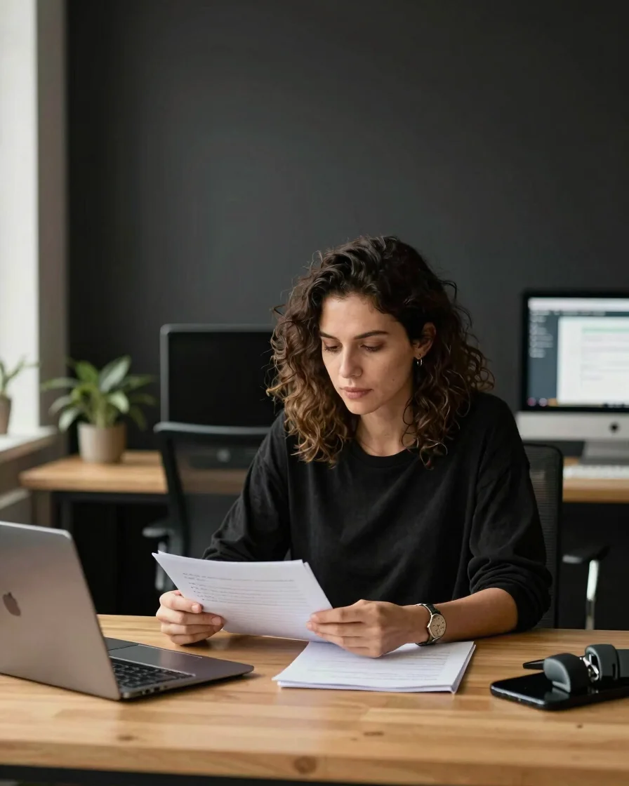 Retrato editorial de una contadora revisando documentos en un esc